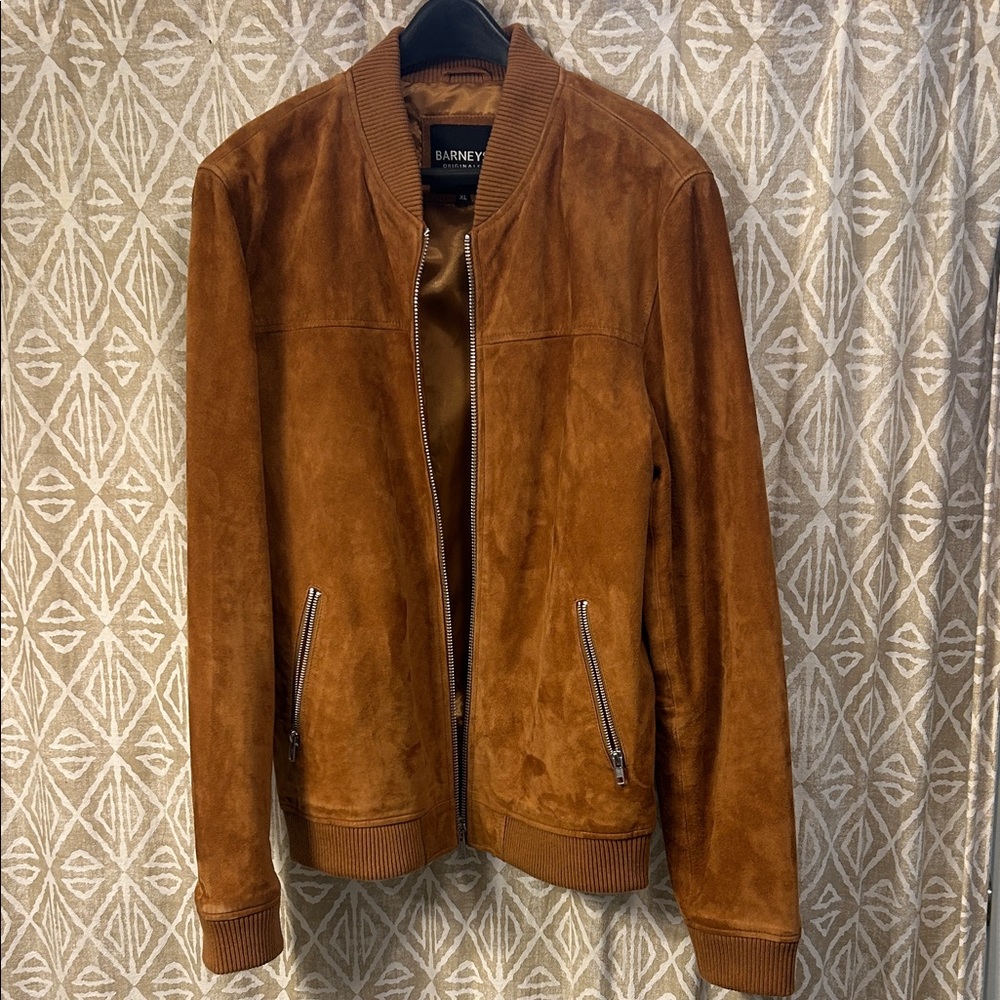 Barneys New York Men's Tan Suede Bomber Jacket